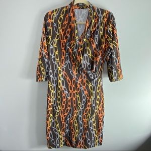 J. McLaughlin Chain Print Dress Wrap Brown Stretch *350